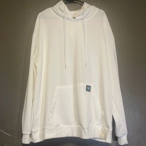 Blue heart, solid white hoodie.